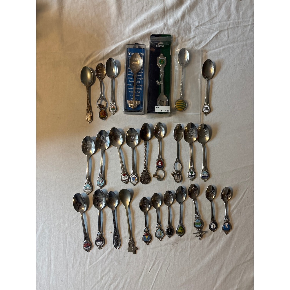 Vintage Souvenir Spoon Lot 24pc Silver Tone Travel Enamel Yosemite Ireland Good